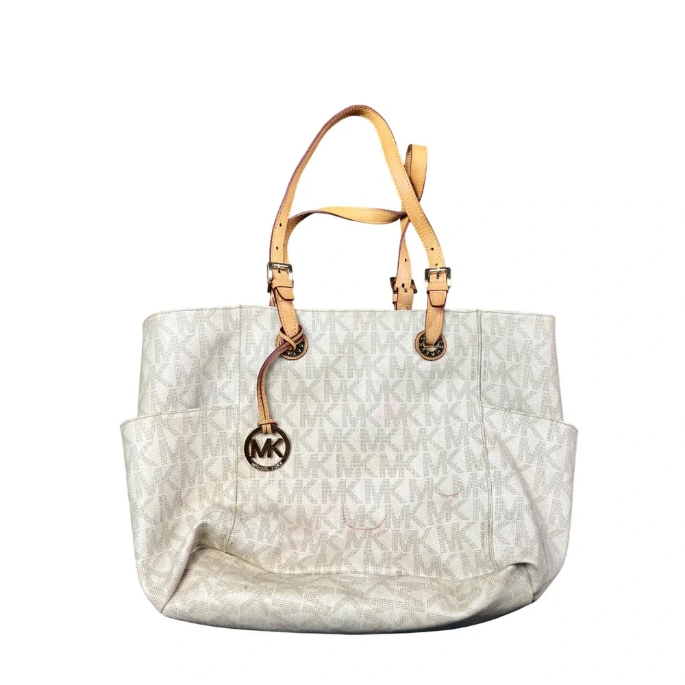 Michael Kors Vanilla Signature Monogram Jet Set East West Tote Bag Gold Hardware